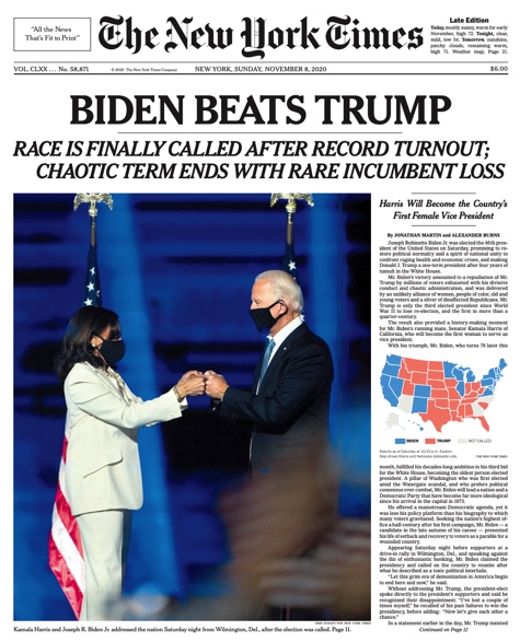 New York Times front page on November 8, 2020