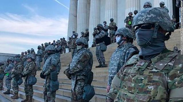 National Guard troops on the steps of the Lincoln Memorial