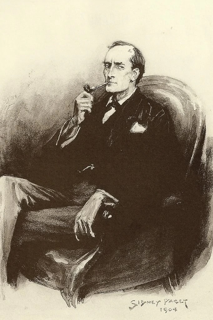Sketch portrait of Sherlock Holmes smoking his pipe.