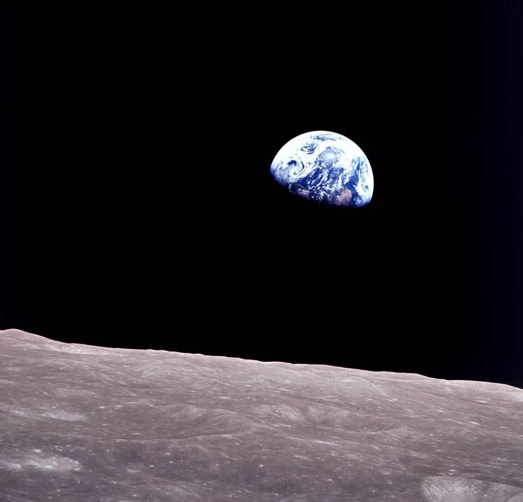 Earthrise, showing the Earth as seen from Apollo 8 in orbit around the Moon