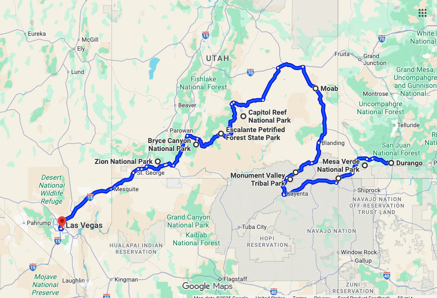 Screenshot of Google Map showing our route from Durango, CO to Las Vegas, NV