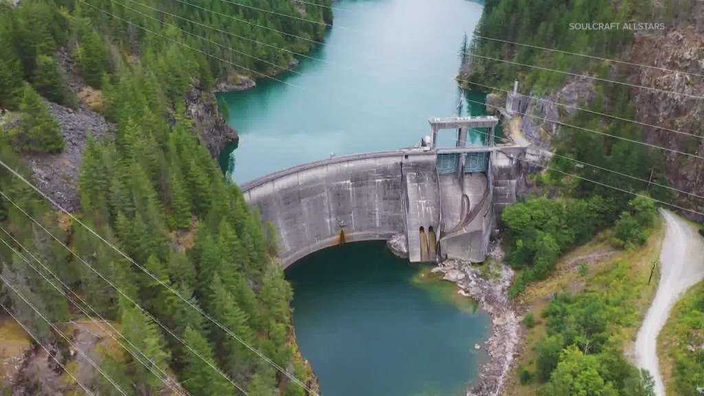 Aerial view of a hydroelectric dam. 