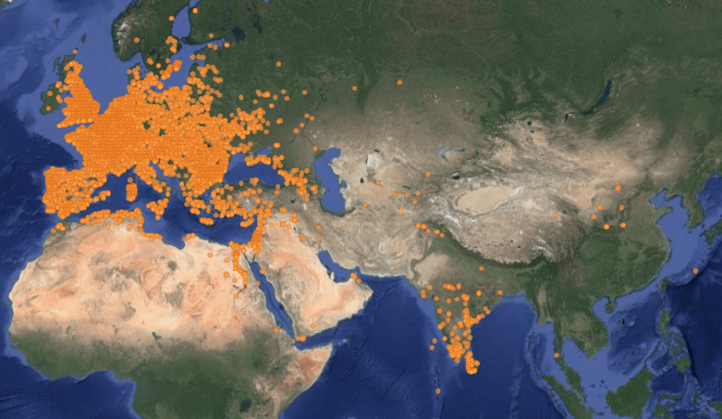 Map of Europe and Asia showing the location of hordes of Roman coins.